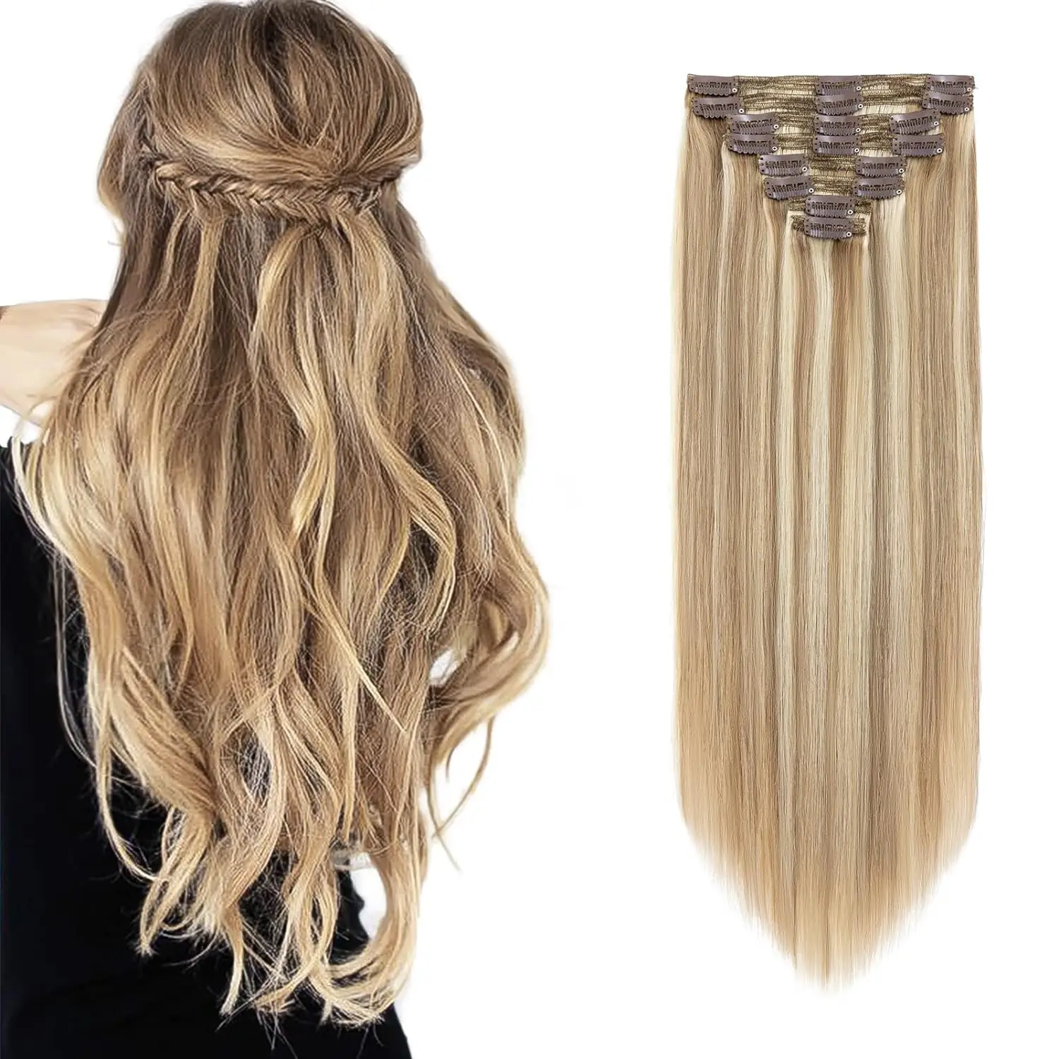 

Накладные пряди на клипсах 12/613, прямые, из натуральных волос Реми, 8 шт., 18 клипс, мелирование 4/27 # 4