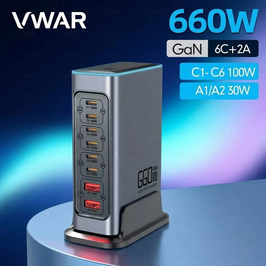 

Высококачественное зарядное устройство GaN 660 Вт с 6 портами Type-C + 2 USB, 8 портов, быстрая зарядка, вилки US/EU/UK/AU, настольная зарядная станция для Xiaomi, iPhone, Huawei, Samsung