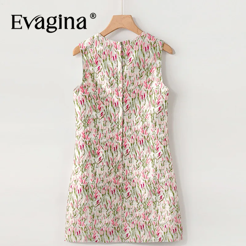 Evagina Spring/Summer New Fashionable Women's Sleeveless Jacquard Sequins High Street A-Line Short Dresses