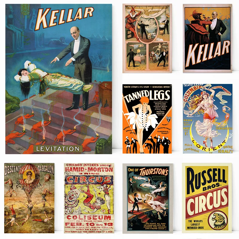 Vintage Circus Magic Show Prints Magician-Kellar Levtiation Poster Canvas Painting Wall Pictures for Bar Club Cafe Home Decor