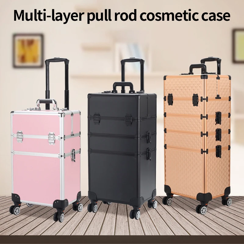 Professional Makeup Suitcase Wheels Large Capacity Cosmetology Manicure Cosmetic Box Folding Rolling Storage Rotating Organizer