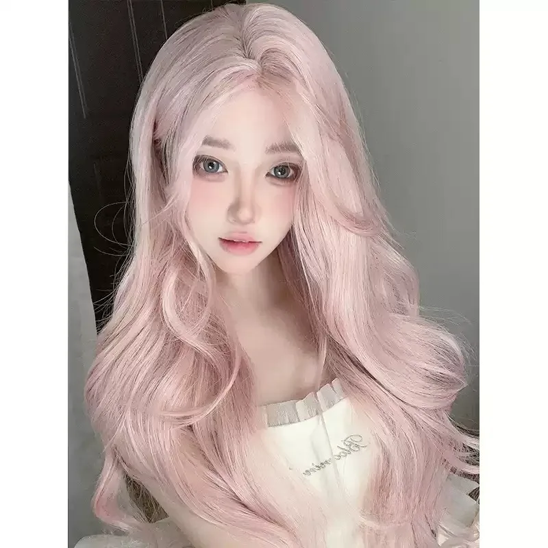 Curly Full Wig Strawberry Pink Warm Tone with Middle Part Bangs Heat‑Resistant Synthetic Lace Front Hair Wig  Daily Party Looks