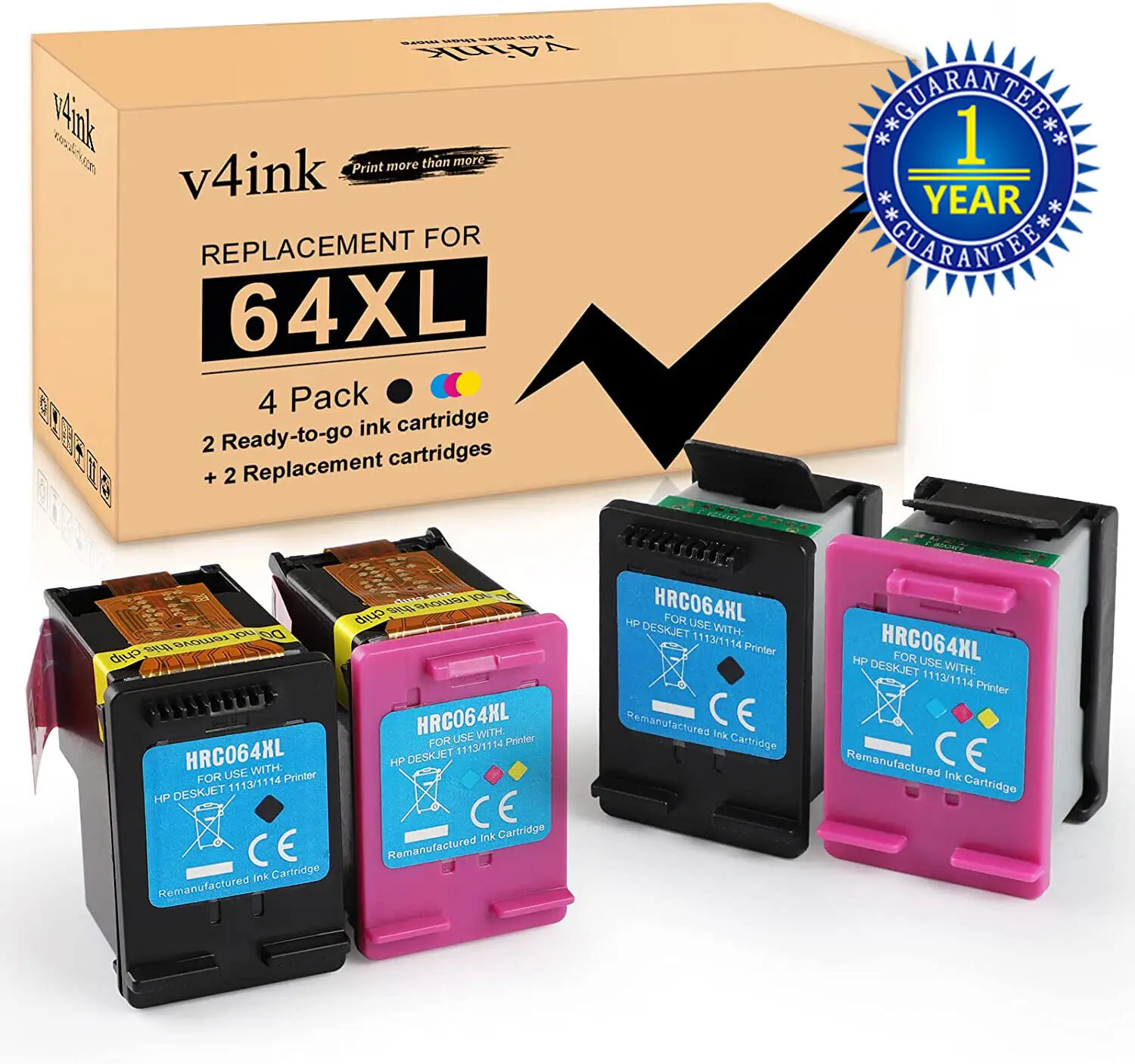 E-64XL Ink Cartridge 2 Tri-color & 2 Black for HP Envy 6252 7158 7832 7864 6234