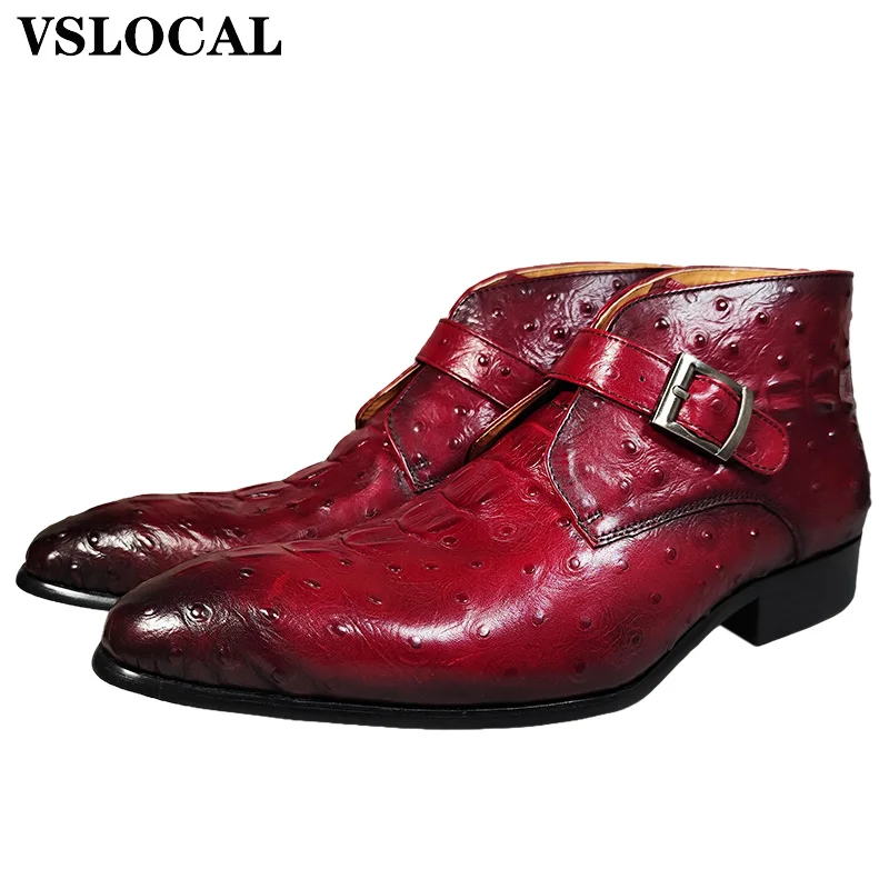 2025 Mens Ankle Boots Shoes Black Buckle Strap Ostrich CROCO Prints Casual Dress Cowboy Boots Slip on Leather Boots Men