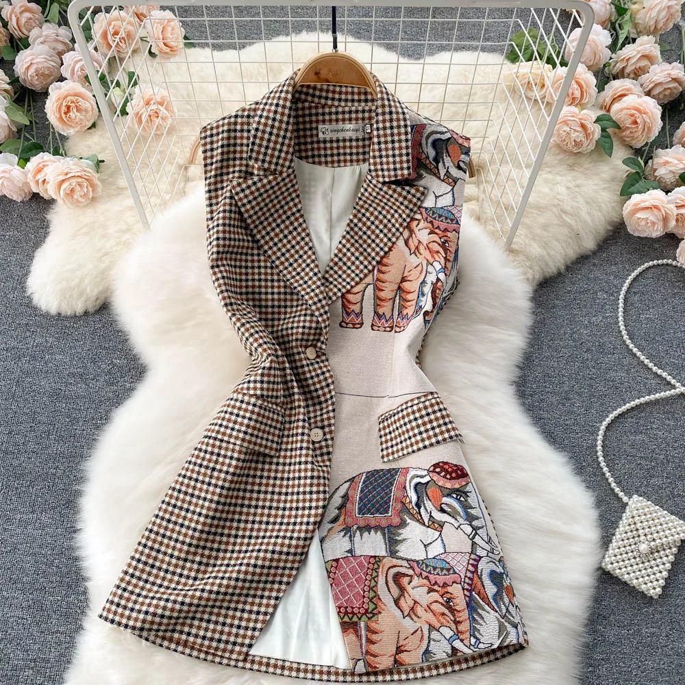 New Fashion Women\'s Plaid Blazer Suit Sleeveless Notched Collar Vest Jacket Wide Leg Shorts Pant Two-piece Sets