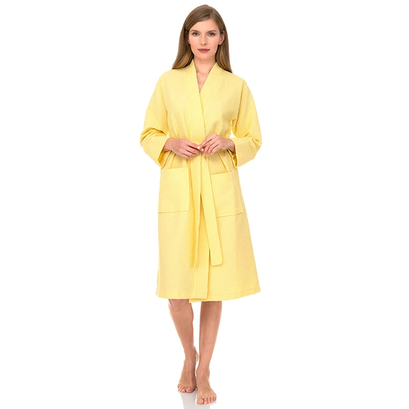 

Waffle Women's Bathrobe Solid Long Sleeve Ladies Autumn Ladies Cotton Dressing Gown Pockets Kimono With Sashes For Female