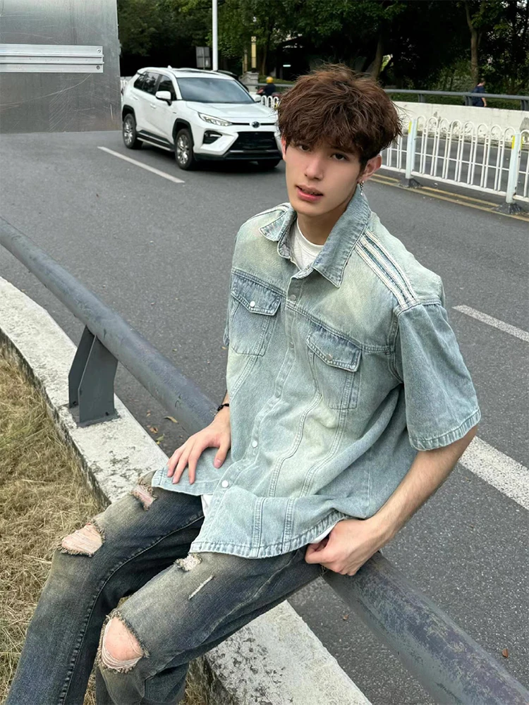 

Blue Denim ort Sve irt Men's oulder Pad Tee Bars American Retro Design Sense irt Pad oulder Jaet