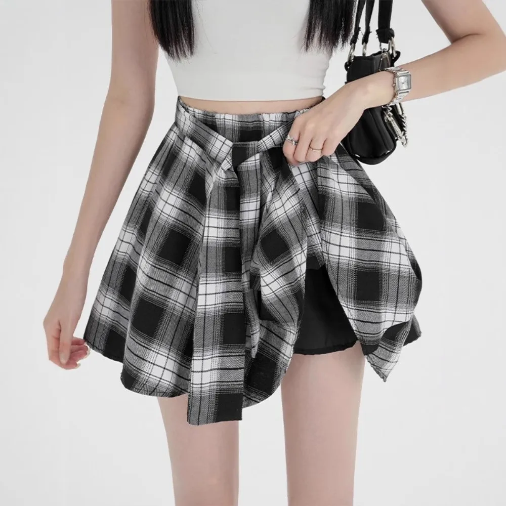 Hong Kong Style Shirt Feel Plaid  Skirt Women's Summer Vintage Asymmetrical Short Casual Versatile Skirts