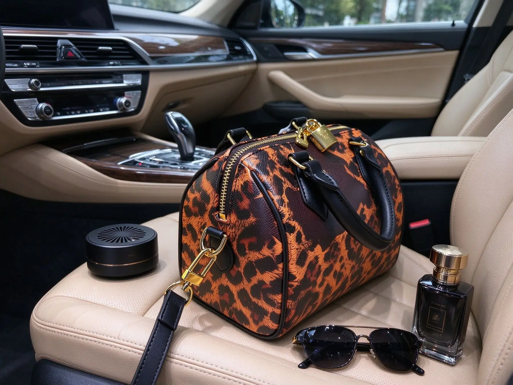 Unisex Leopard Print Boston Handbag Faux Leather Splicing Top Handle Bag Lock Decor Detachable Adjustable Shoulder Strap Crossbody Purse