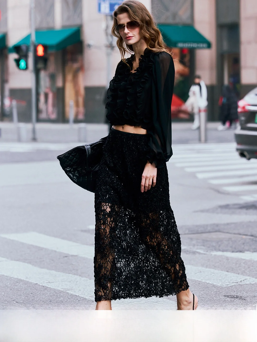 

Luna7xi Vintage Lace Trim Long Sleeve V-Neck Women's Chiffon Base Shirt Semi-Transparent Folded Design Casual Loose Fit