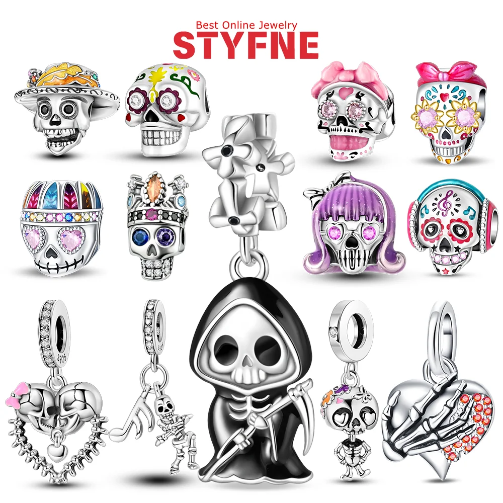 

925 Sterling Silver Charms Halloween Skull Fit Bracelet Silver 925 Original Charm for Women Fine Jewelry Making Gift