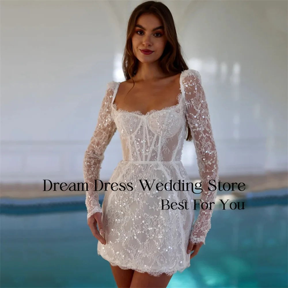 Prachtige korte trouwjurk kant lange mouw vierkante kraag open rug vetersluiting schede bruidsjurk vestido de novia aangepast