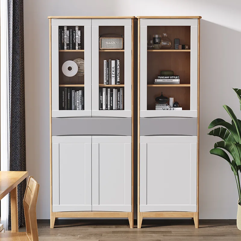 Solid wood bookcase white household living room floor-to-ceiling rattan bookcase modern study combination bookcase