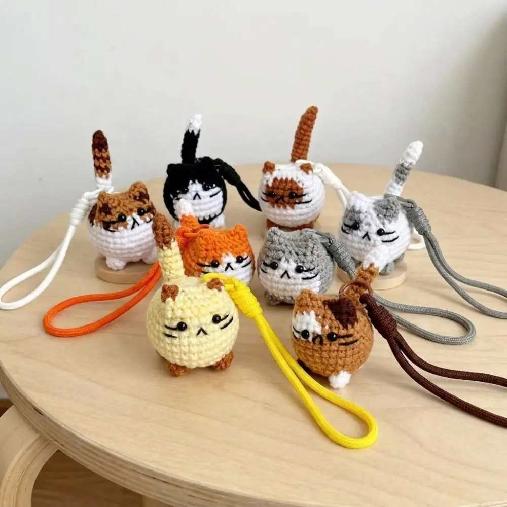 Handwoven Hand Crochet Cat Keychain Animal Braided Strap Knitted Kitten Keyring Soft Cute Multi Color Cat Keychain Phone Case