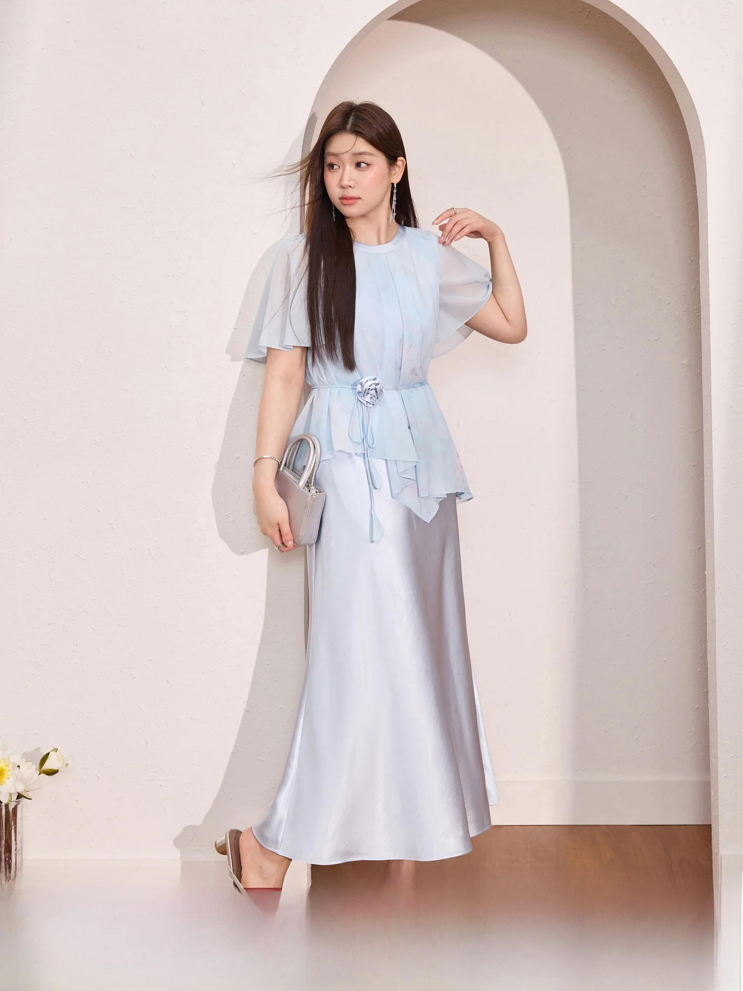 

Blue Language plus Size Women's Design Sense awl Collar Slimming Satin Long Dr Summer Beautiful A-Line Midi Dr