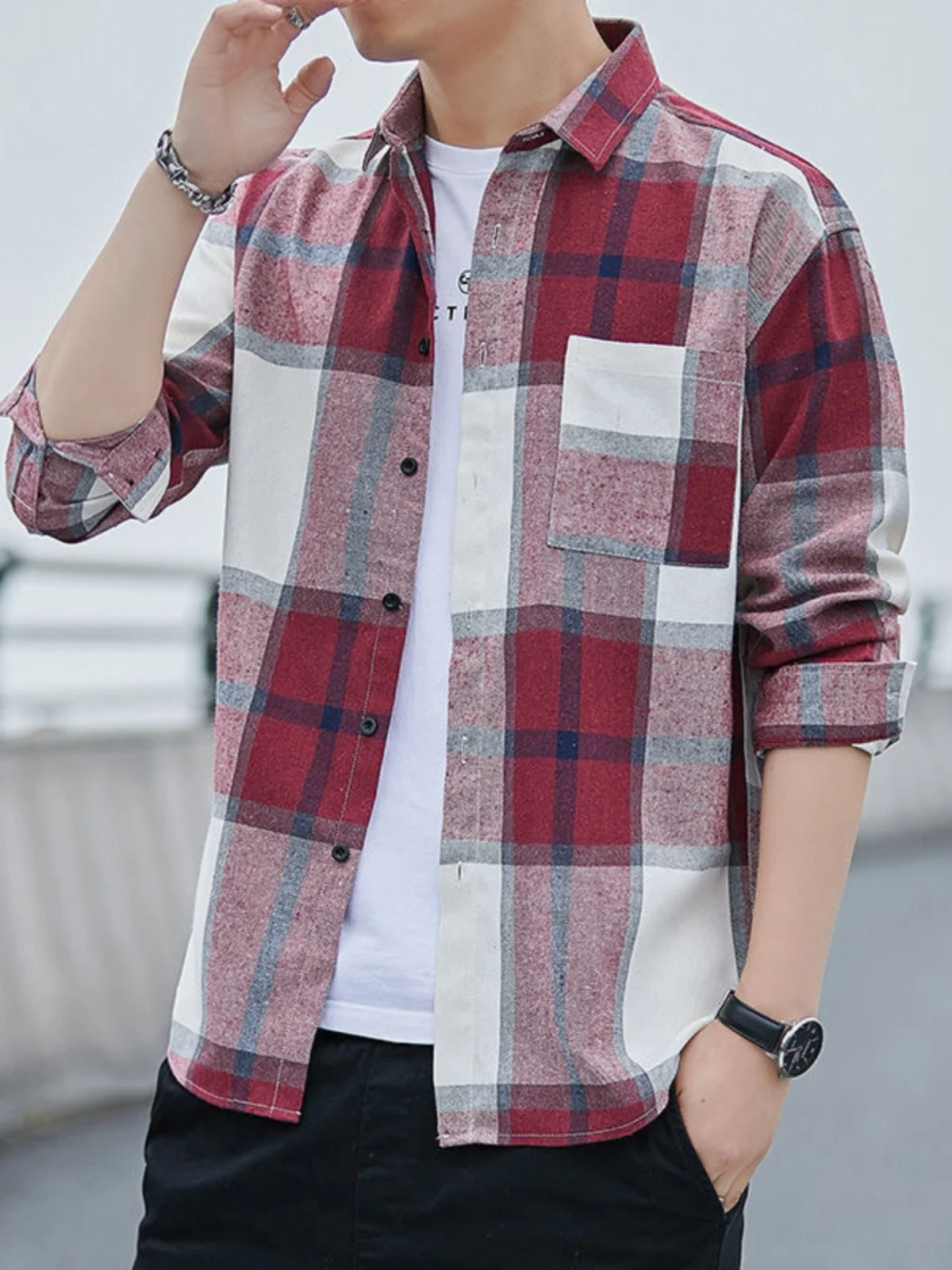 

Men's Pure Cotton Work irt Long Sve Anti-Scald Wear Resistant Spring Autumn Plaid Coat Casual Loose Fit Button up
