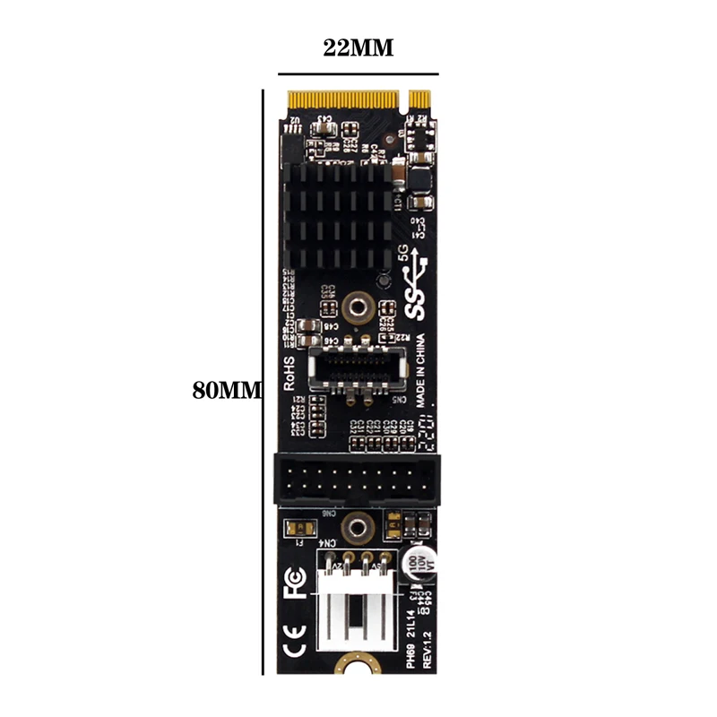 M.2 M Key NVME PCIe to USB 3.1 Front Panel Expansion Board Card 10Gb TYPE-E + 5Gb 20 Pins 2 Port USB3.0 Adapter Hub Riser for PC