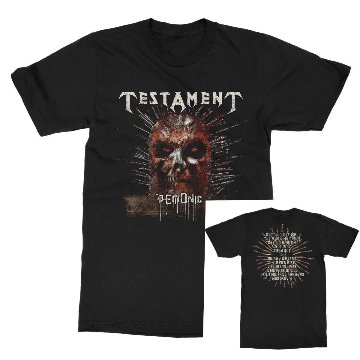 Testament Demonic Album Cover Double Sided Graphic Print T Shirt, Front Spiked Demon Skull Artwork with Band Logo