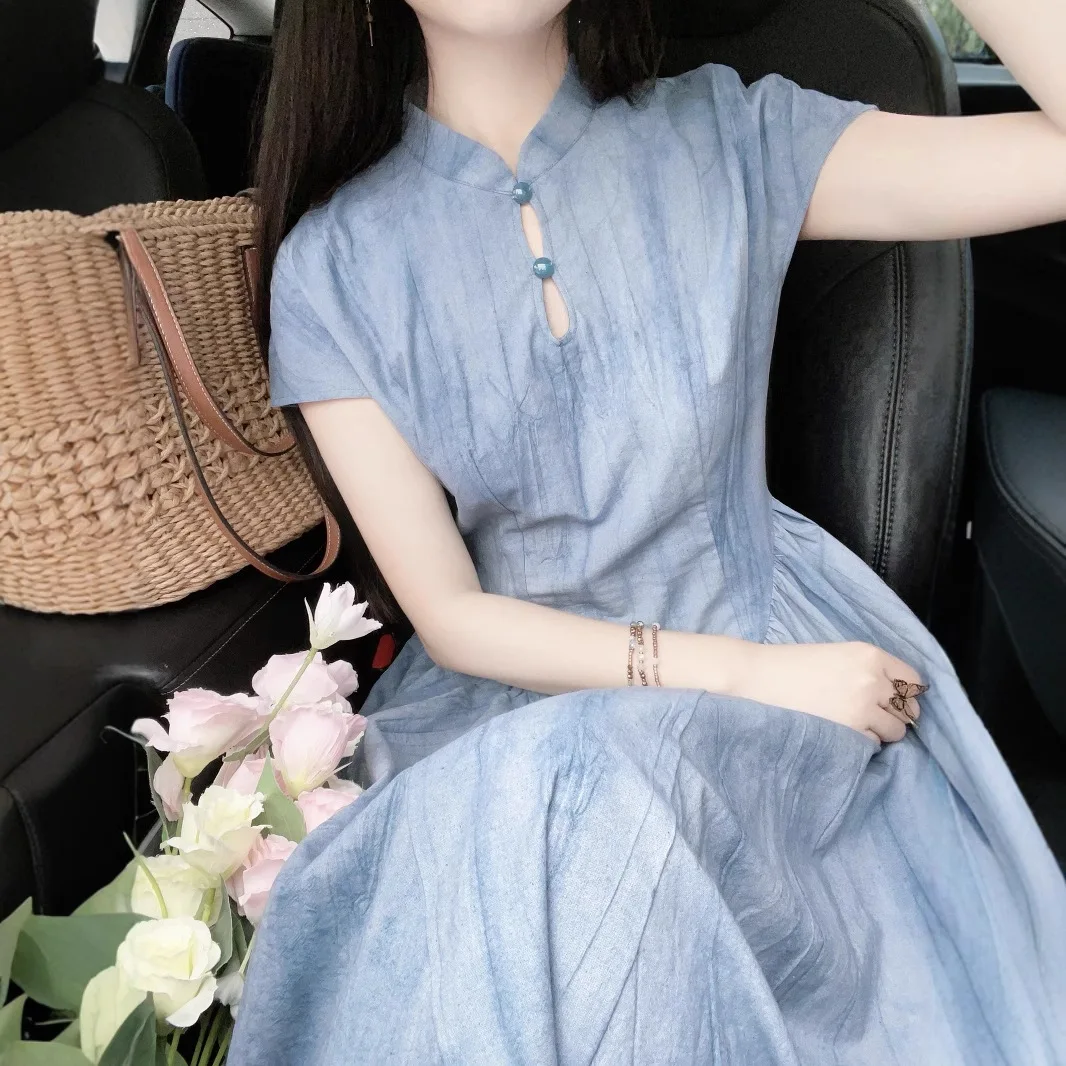 

Traditional Chinese Style Qipao Tie Dye Hollow Out Waist Cinched Cheongsam Dress for Women Вечерние Платья CH-080