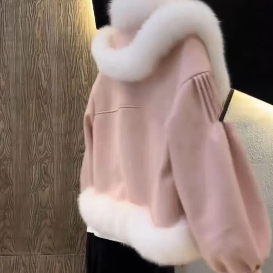 Sweet Gentle Stitching Fur One Eco-Friendly Fur Jacket Women Short Overcoat Autumn Winter 2023 New Elegant Loose Fur Jacket Top