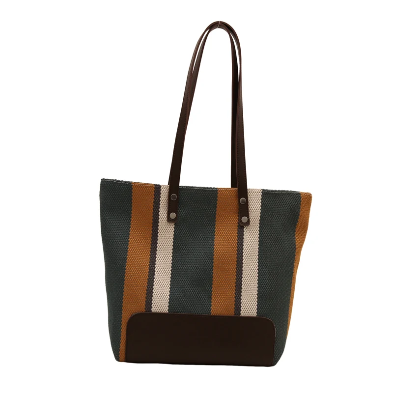 

Women Canvas Tote Bag Striped Shoulder Bag Trendy Underarm Bag Large Capacity Satchel Bag for Work Travel Shopping