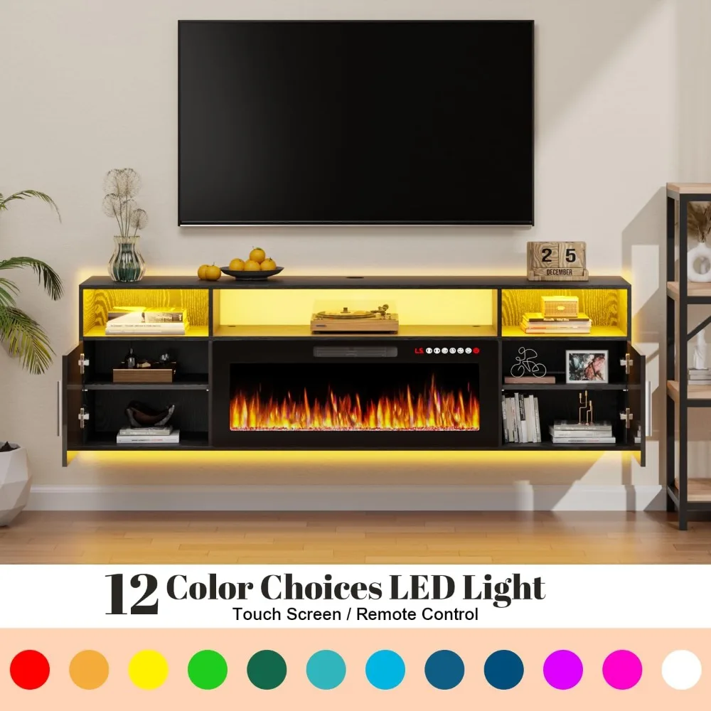 Soporte flotante para TV de 70" con chimenea eléctrica de 36", centro de entretenimiento montado en la pared con luces LED y gabinete de almacenamiento, gran oferta