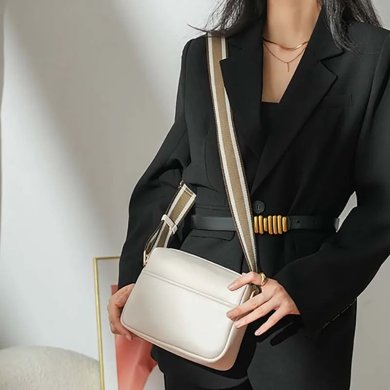 Solid Square Women Crossbody Bags Wide Fabric Strap Crossbody Bag Ladies Fashion Handbags Zipper Leather Women Shoulder Bags