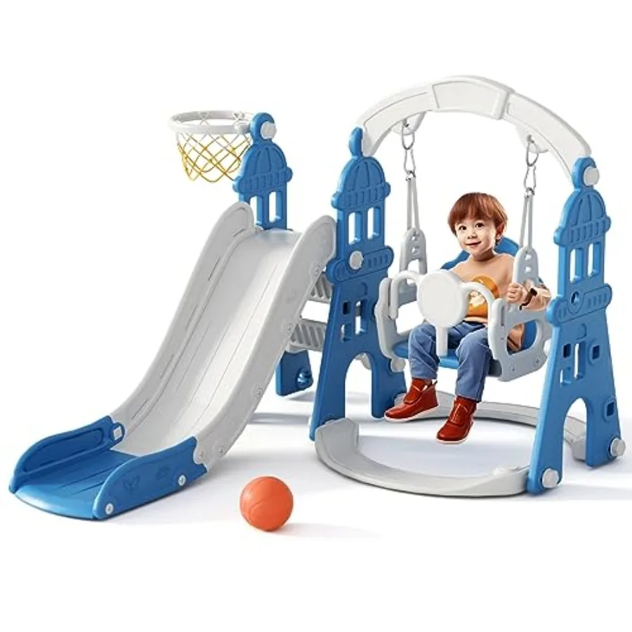 

Игровой комплекс 4-в-1: горка и качели для малышей с баскетбольным кольцом, уличная и домашняя игровая площадка для детей 1-3 лет, 4 в 1 - синий