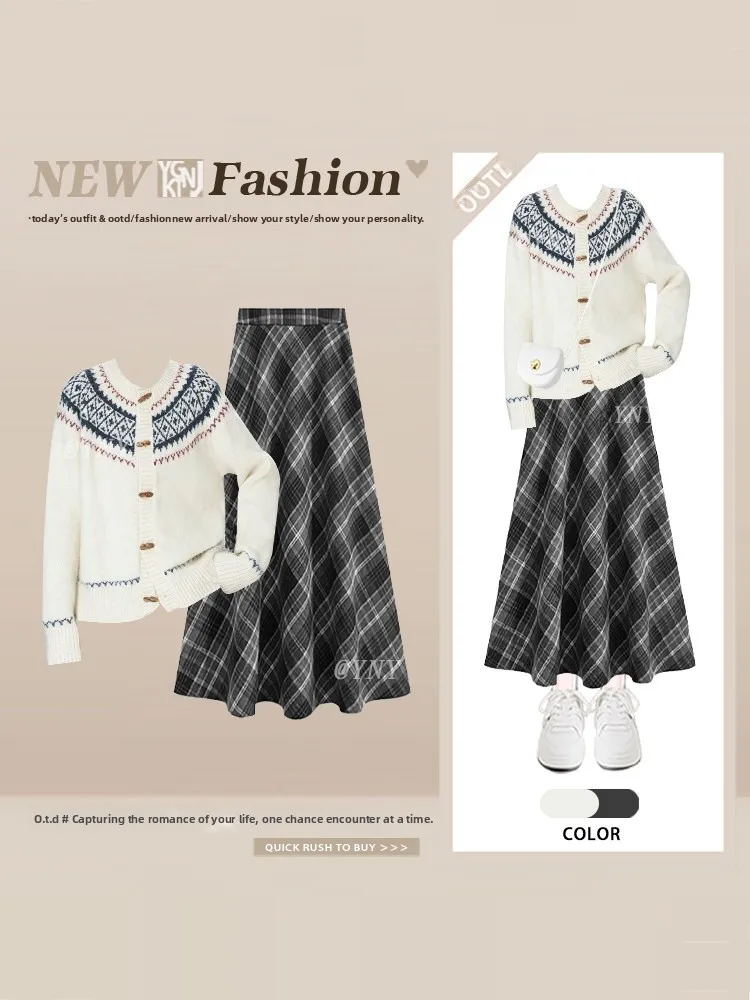 

Молодежный вязаный кардиган для колледжа Sle Fair Isle, клетчатая юбка, комплект, женский зимний простой элегантный наряд, круглый длинный длинный сарафан...