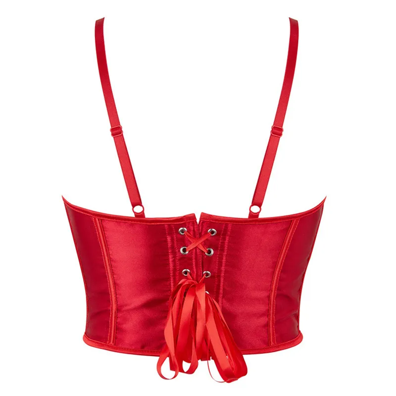 Women Sexy Spaghetti Strap Satin Crop Corset V Neck Sleeveless Crop Bustier Slim Fit Clubwear Crop Camis Top Red