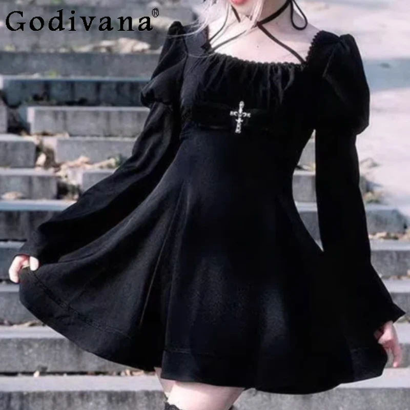 Autumn Gothic Dark Long Sleeve Lace-Up High Waist Dress Fashion Versatile Black Age Reduction Personality Girl Gothic Dresses