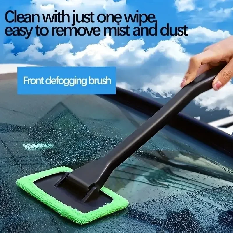 Windshield Cleaning Tool Window Cleaner Brush 2pcs Reusable Cloth Pads Inside Interior Auto Glass Wiper With Long Handle