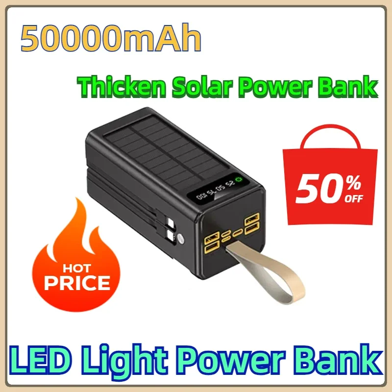 

50000mAh Thicken Solar Power Bank Big Capacity Built-in Cables External Battery LED Light Power Bank For IPhone Lenovo Xiaomi