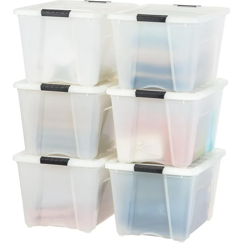 

53 Quart Stackable Plastic Storage Bins with Lids and Latching Buckles, 6 Pack - Pearl, Containers with Lids and Latches