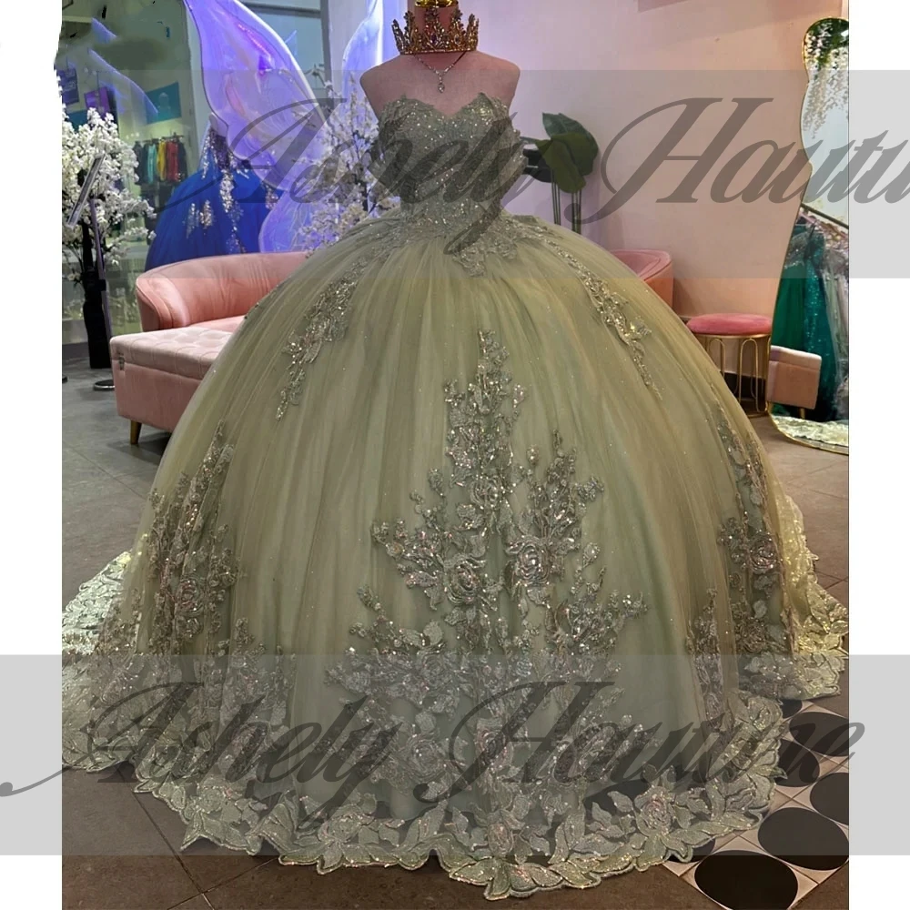 Мексиканское шалфейное зеленое платье Quinceanera по индивидуальному заказу, бальное платье с цветочной аппликацией и скользящим шлейфом, женское вечернее платье для выпускного вечера, Vestido De xv Anos