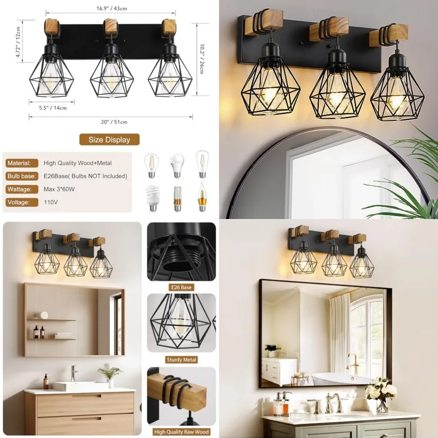 

Farmhouse Vanity Light for Bathroom, Wood Bathroom Vanity Light Fixtures Over Mirror, Rustic Sconces Wall Lighting with Metal L