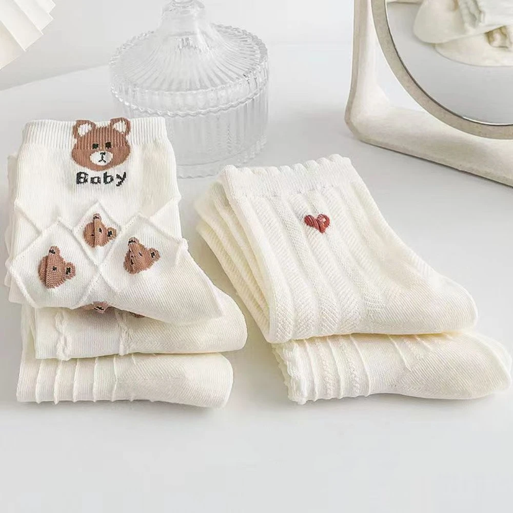 10 Pairs Breathable Women's Mid Length Socks Cartoon Pattern Cute Bear Ankle Socks Sweat Absorption Short Socks Spring