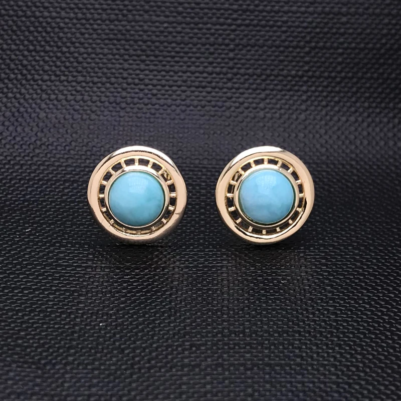 100% Natural Larimar Stud Earring Plain Simple Sterling Silver 925 Gold Color Blue Gemstone Fine Jewelry For Women Wedding Gift