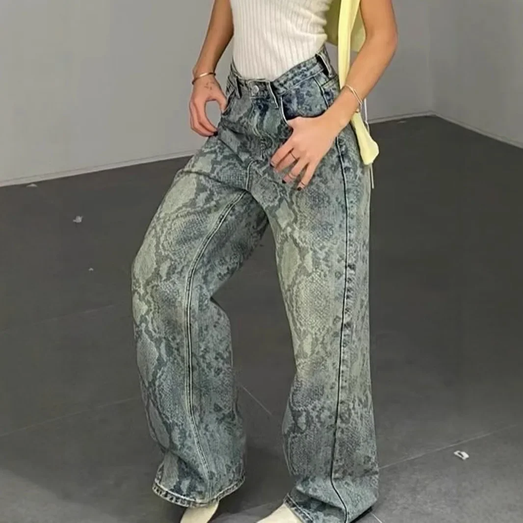 

Wide Leg Denim Women Jean Print High Waist Jeans Full Length Trousers Loose Pockets Distressed Washed Vintage Zipper Fly