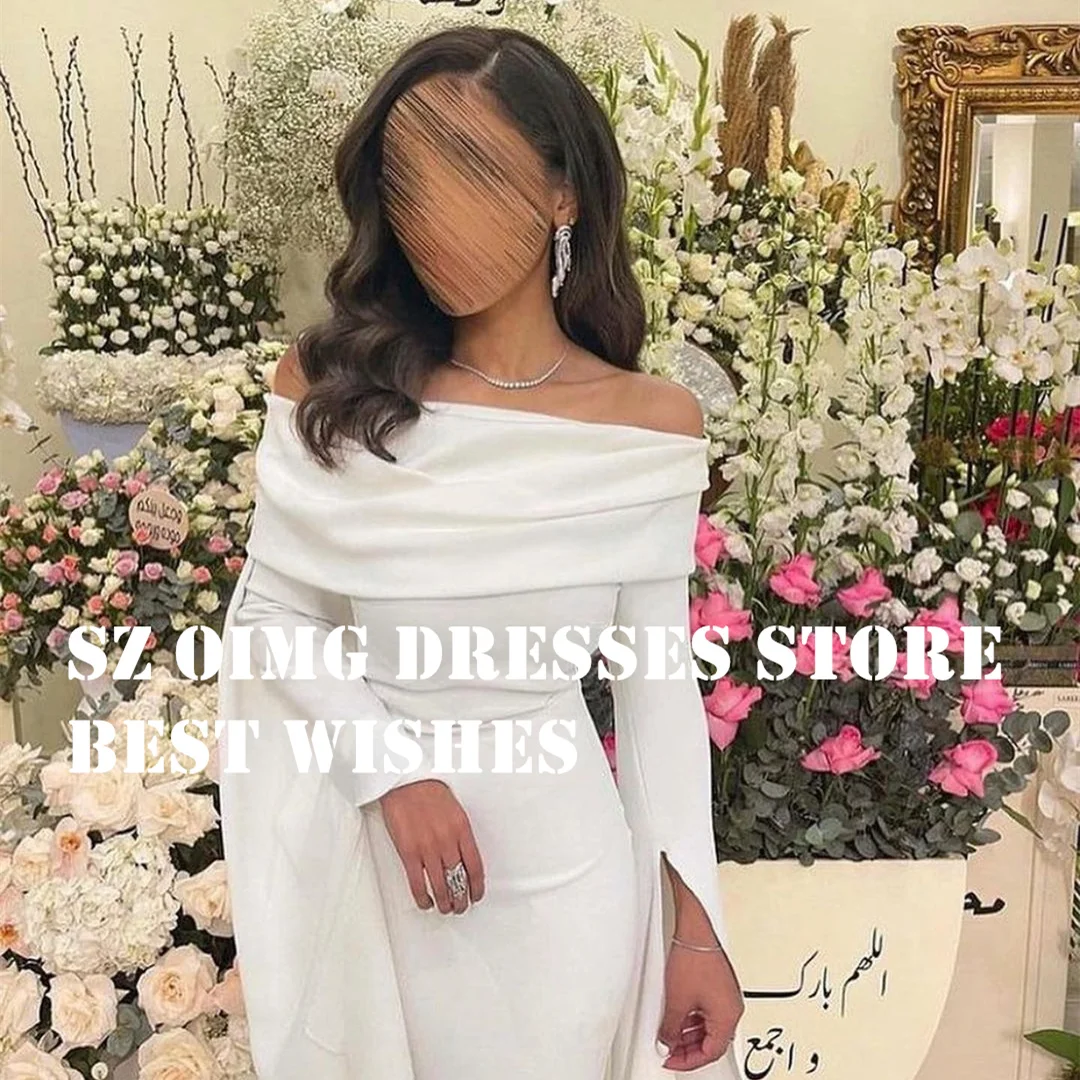 OIMG New Design Prom Dresse Arabic Long Sleeves Off-Shoulder Floor Length Mermaid  White Women Evening Gowns Formal Party Dress