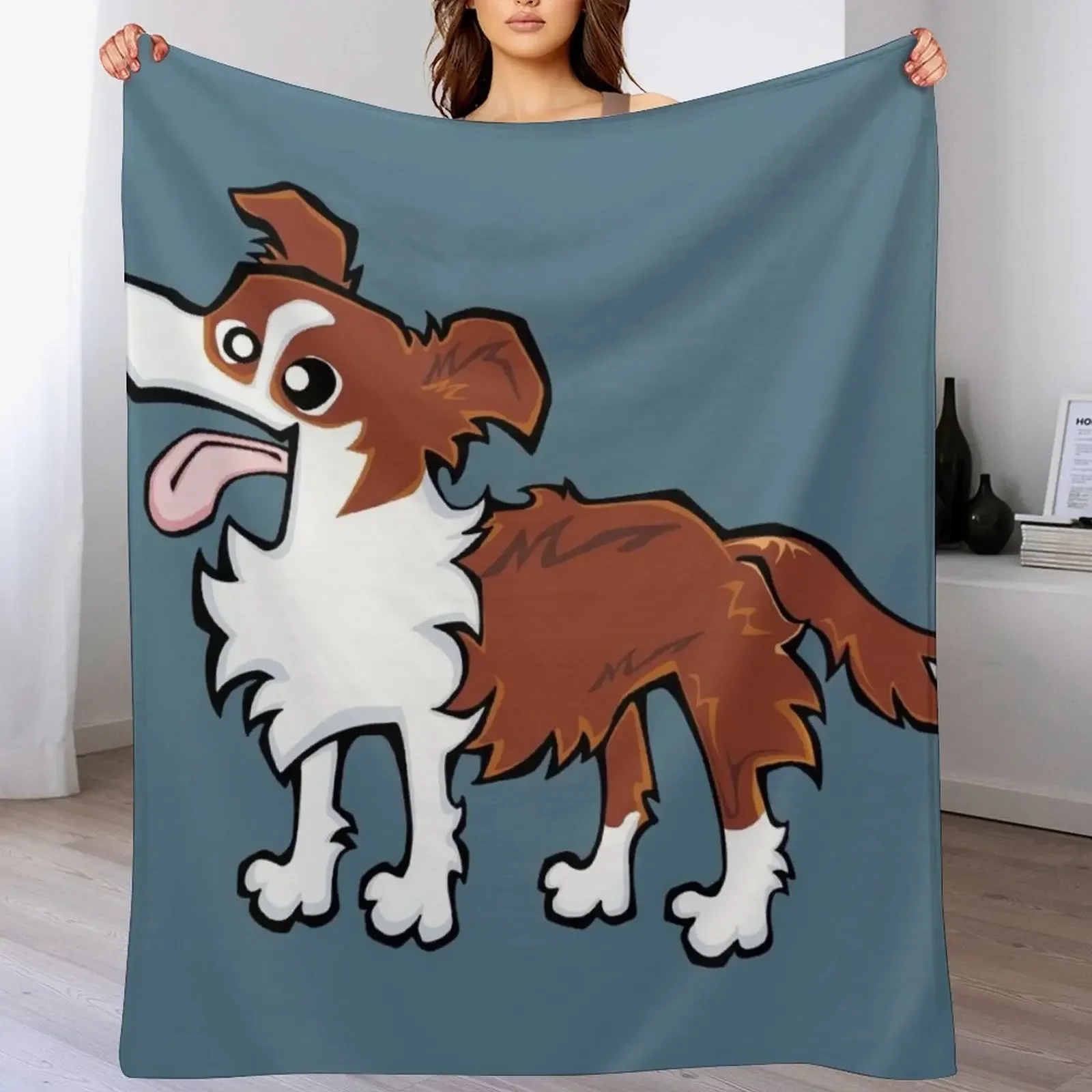 Border Collie - Red and White (Full Body) BLUE BG Throw Blanket Multi-Purpose Picnic bed plaid Blankets