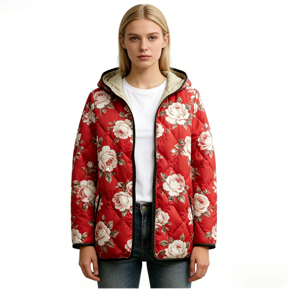 

Camo Leopard Floral Print Quilted Coat for Women Hooded Jacket Lightweight Warm Spring Autumn Coat Zipper Long Sleeve Casual