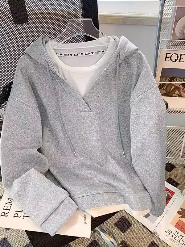 

Extra Large 2300 Pound Fake Two-Piece Hoodie Women's Spring Autumn Thin Design Versatile Long Sleeve Top Polyester Fiber