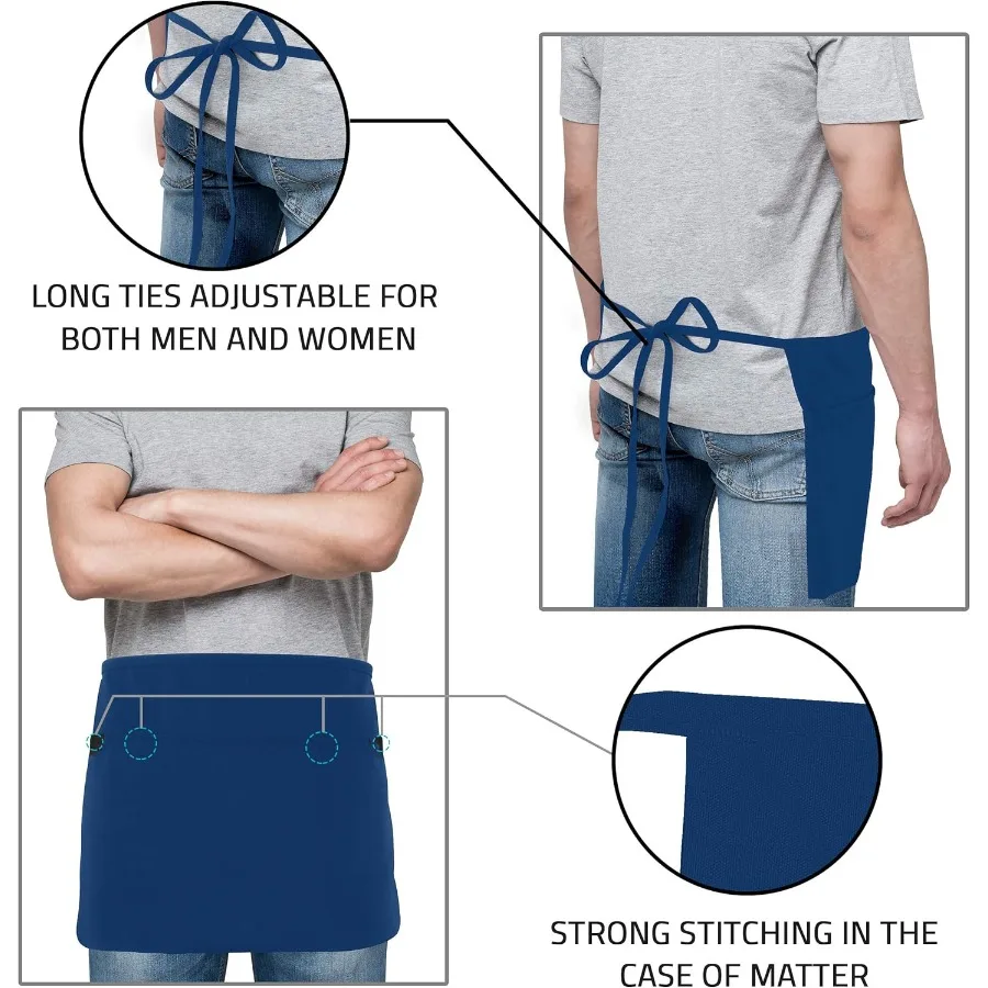 Grembiule da server da 4 pezzi con grembiule in vita a 3 tasche per cameriere cameriera Grembiule lungo in tessuto di cotone resistente da 12 pollici Ideale per il ristorante