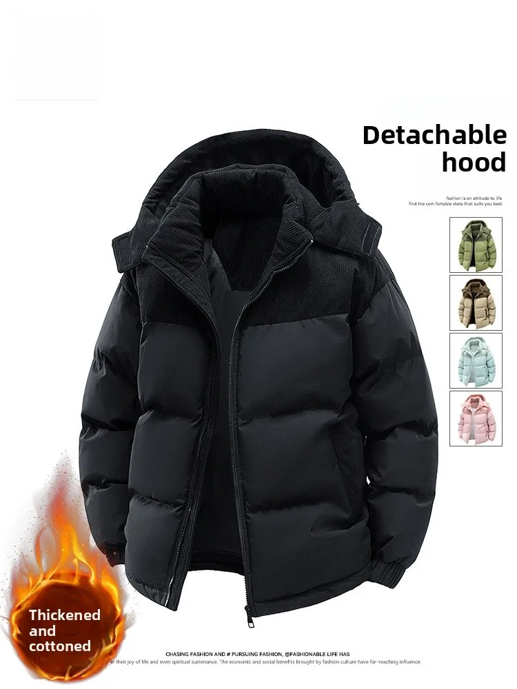 

Утепленная морозостойкая хлопковая куртка для мужчин: зимняя молодежная модель с отстегивающимся капюшоном, вельветовыми вставками и теплой хлопковой подкладкой