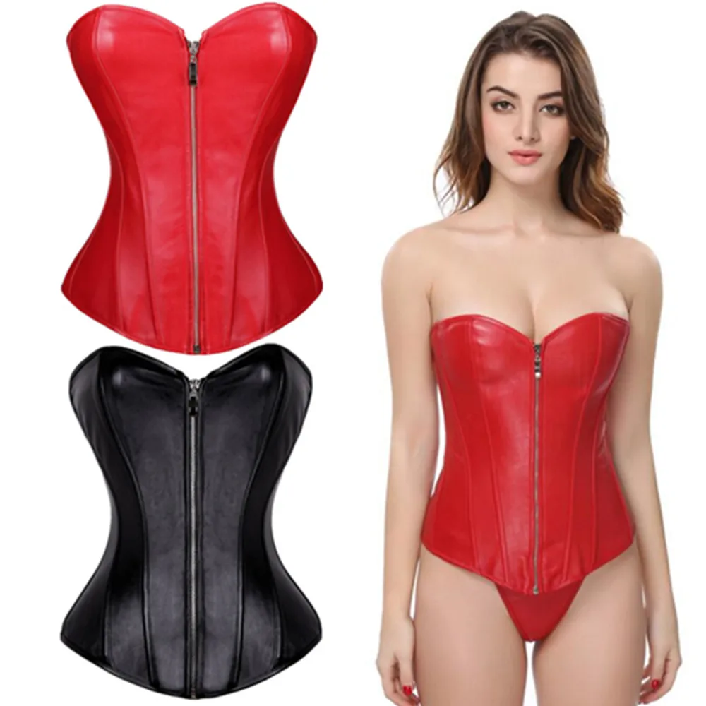 Punk Style Push Up Women\'S Plus Size Slimming Body Shapewear Gothic Faux Leather Corset Bustier With Zip XS-6XL