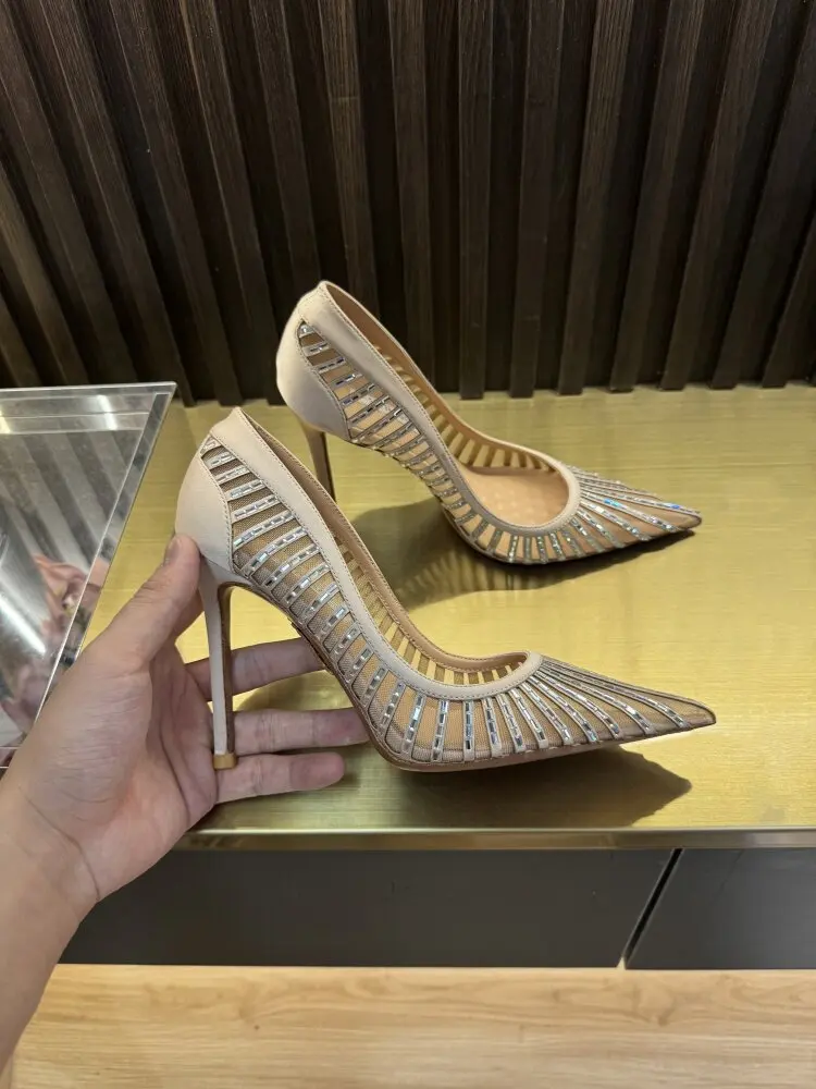 

Champagne colored rhinestone high heels for women, new slim heel 12cm, comfortable and versatile single shoes