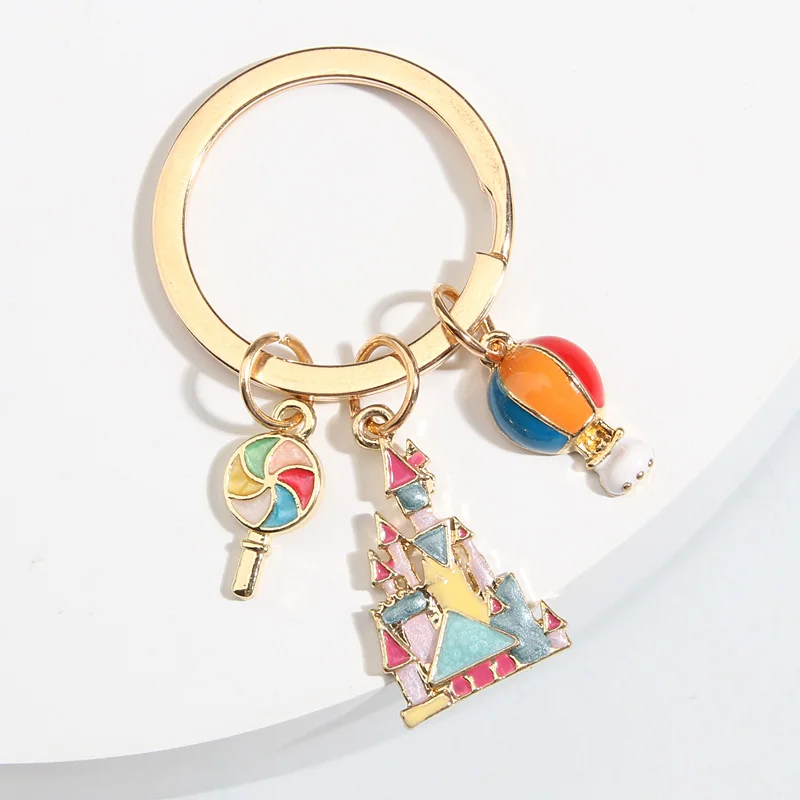 Cartoon Keychain Castle Hot Air Balloon Lollipop Key Ring Enamel Key Chains Souvenir Gifts For Women Men DIY Handmade Jewelry