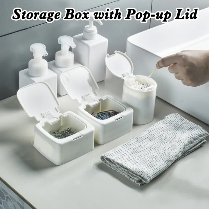 Storage Box Pop-up Lid Containers with Label Desktop Organizer for Cotton Swab, Toothpick, Hairbands, and more