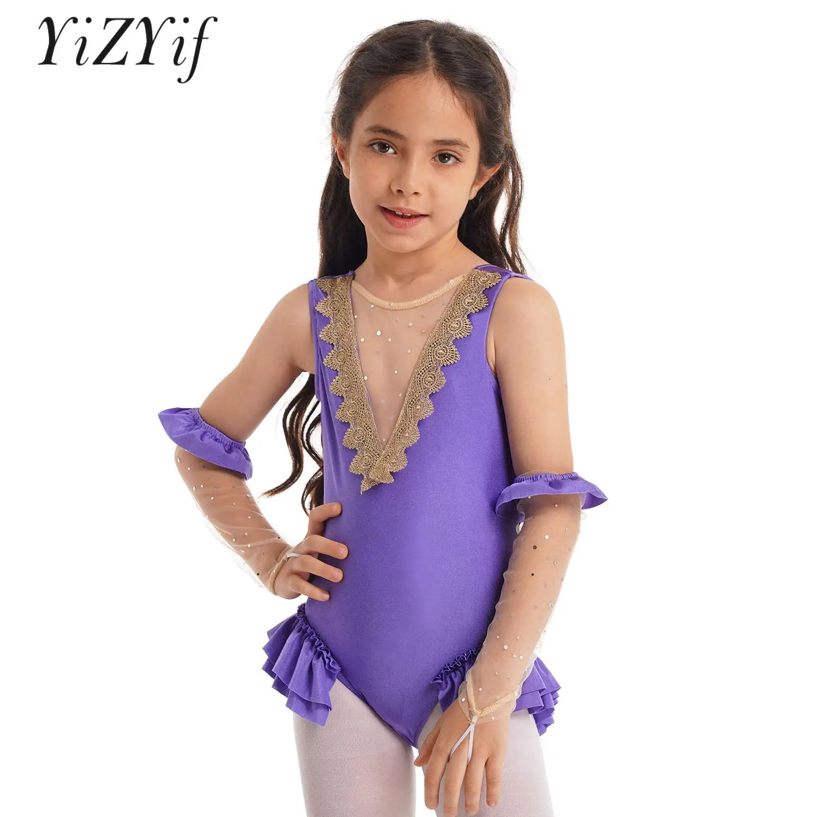 Kids Girls Showman Princess Trapeze Show Costume Sleeveless Mesh Patchwork Back Leotard with Arm Sleeves Halloween Fancy Dress